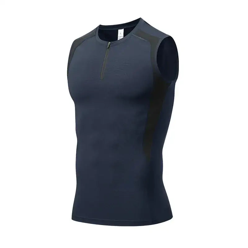 Dark navy sleeveless athletic top with black panel accents and a half-zip neckline.