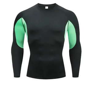 Black long-sleeved compression shirt with vibrant green panels on the shoulders and upper arms.