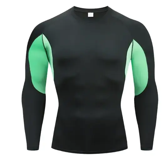 Black long-sleeved compression shirt with vibrant green panels on the shoulders and upper arms.