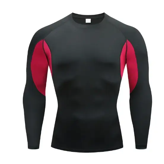 Black and red long-sleeved compression shirt with raglan sleeves.