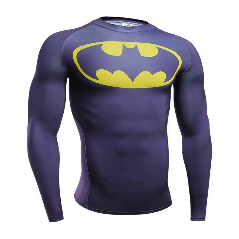 Dark purple long-sleeved compression shirt featuring a prominent yellow batman logo on the chest.