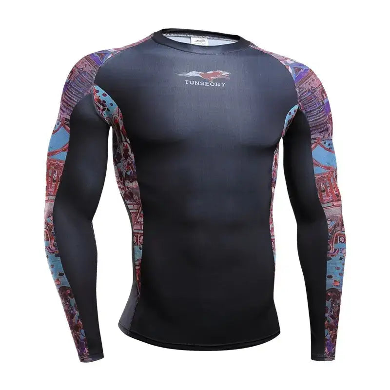 Black long-sleeved compression shirt with vibrant, intricate patterned sleeves in shades of red, blue, and purple.