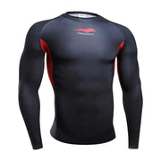 Black long-sleeved compression shirt with red accents on the shoulders and sides, featuring a ’tunsecry’ logo in red above the chest.