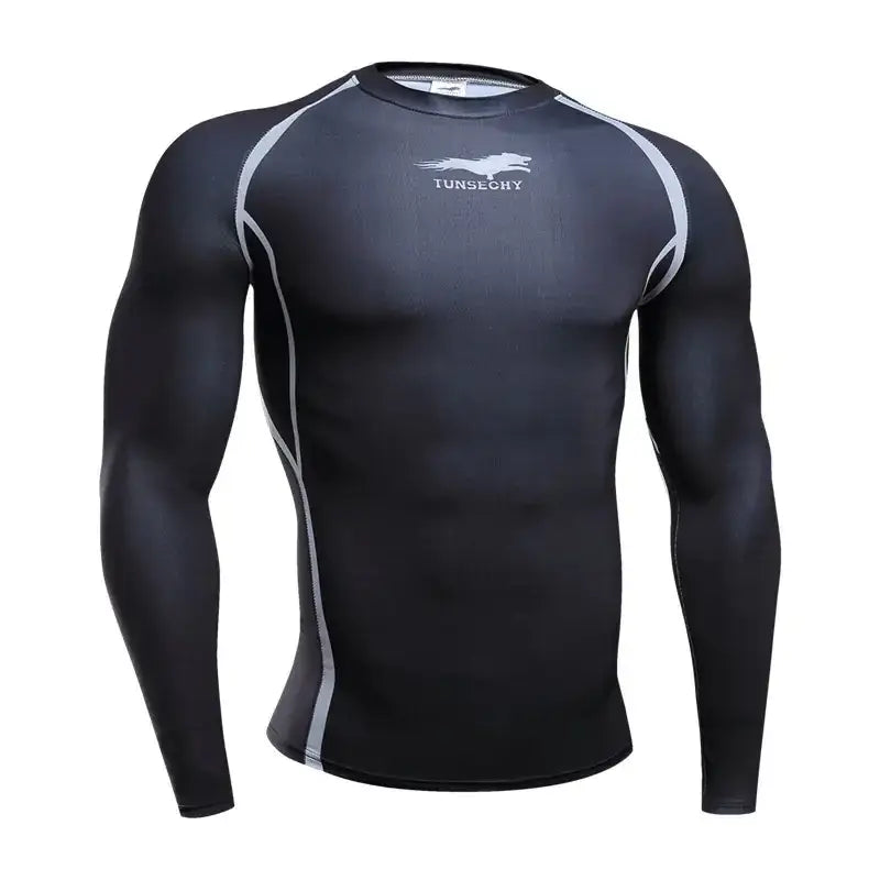Black long-sleeved compression shirt with silver racing stripe accents and a white bird logo on the chest.