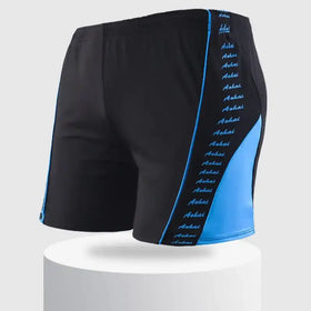 Black athletic shorts with a vibrant blue side panel and matching trim, featuring the word ’aohai’ repeated in light blue lettering along the seam.