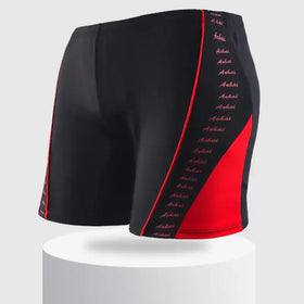 Black swim trunks with bold red side panels and a vertical stripe of pink ’aohai’ text running down the leg.