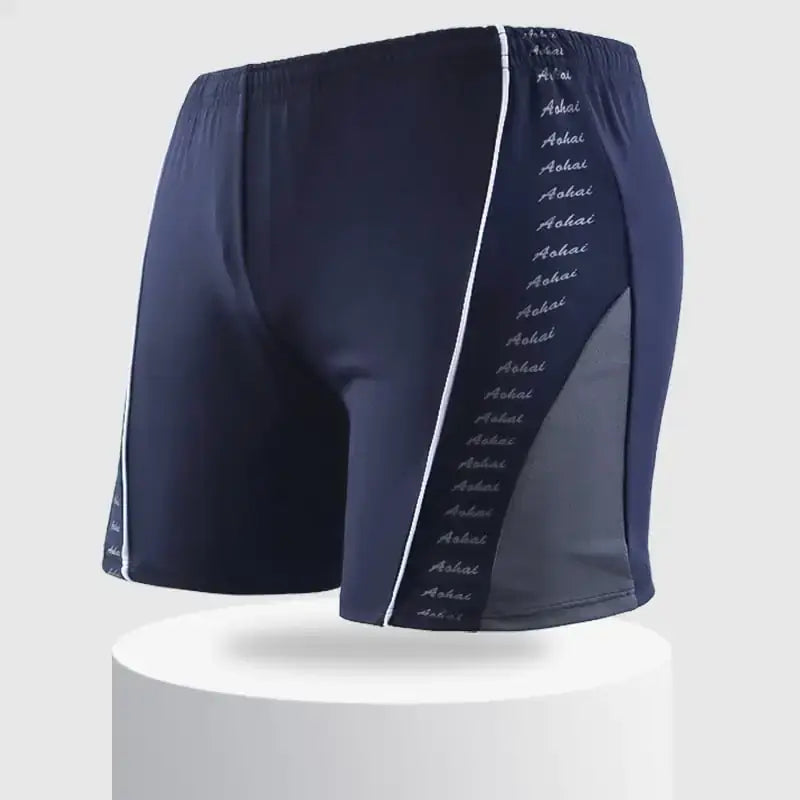 Navy blue athletic shorts with a white vertical stripe running down the side, featuring repeating ’aohai’ text in light gray script.