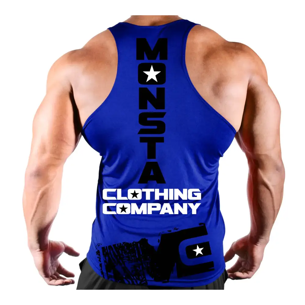 Blue monsta clothing company tank top with black and white graphic branding.