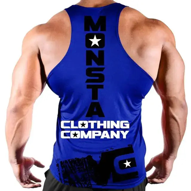 Blue monsta clothing company tank top with black and white logo graphics.