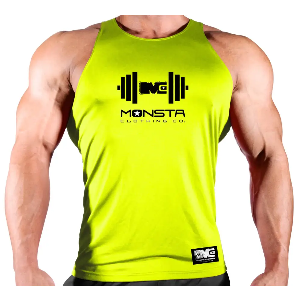 Bright neon green sleeveless tank top with black graphic logo and text.