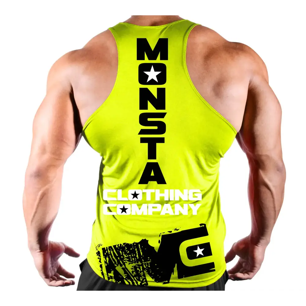 Bright neon yellow muscle tank top with bold black and white ’monsta clothing company’ branding down the back.