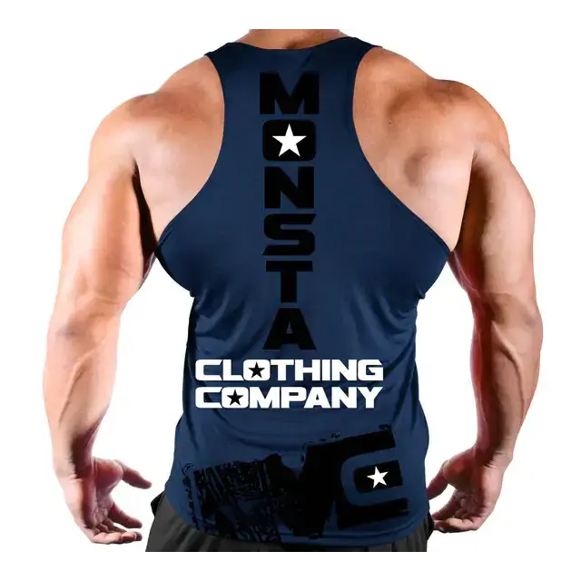 Navy blue muscle tank top with black and white ’monsta clothing company’ branding featuring stars and a stylized logo