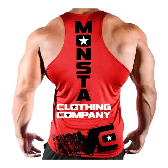 Red muscle tank top with black and white ’monsta clothing company’ branding.
