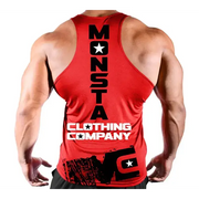 Red muscle tank top with black and white ’monsta clothing company’ branding.