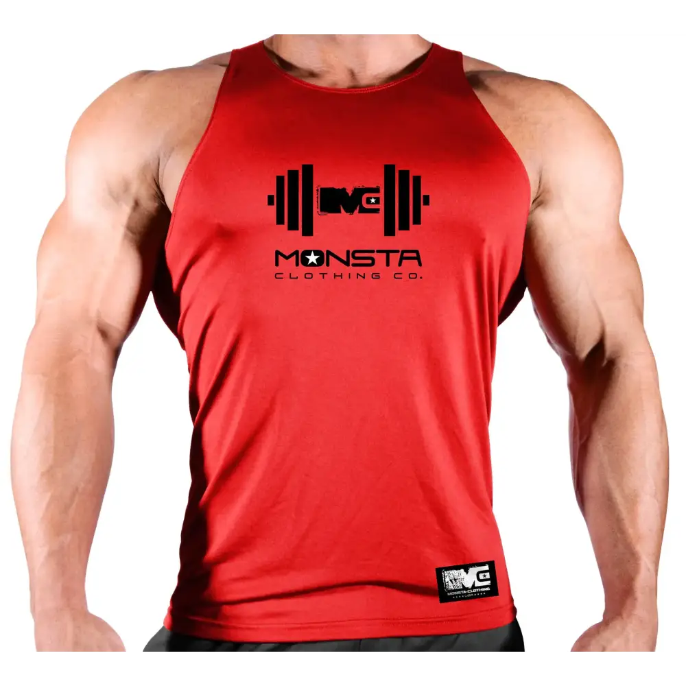 Red sleeveless athletic tank top with black graphic logo and brand text.