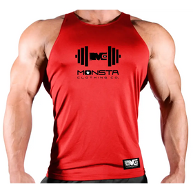 Red sleeveless athletic tank top with black graphic logo and brand text.