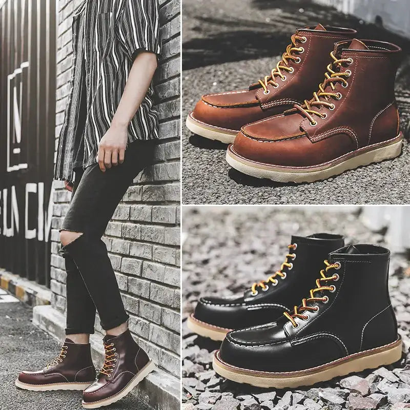Brown leather work boots with tan laces and a sturdy rubber sole.