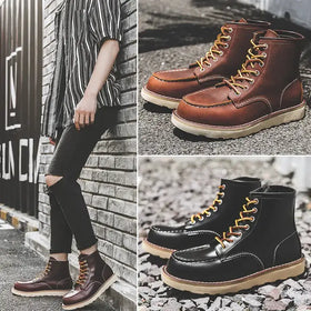 Brown leather work boots with tan laces and a sturdy rubber sole.