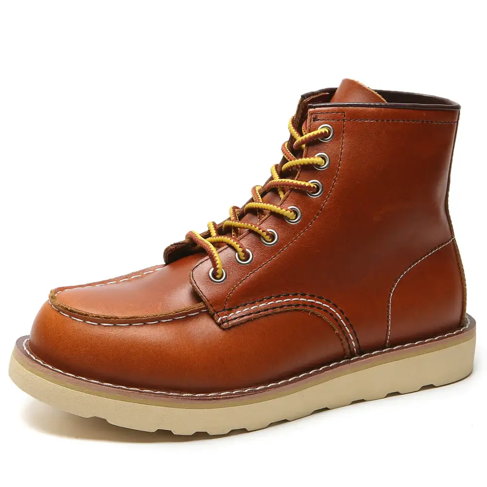 Brown leather lace-up work boot with yellow laces and a tan rubber sole.