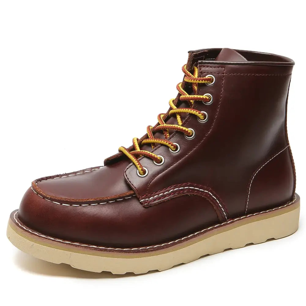 Burgundy leather work boot with yellow laces and white stitching.
