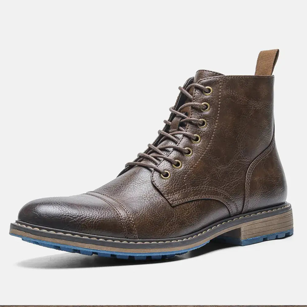 Brown leather lace-up boot with a textured finish and blue rubber sole.