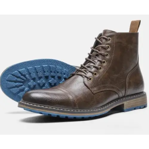 Brown leather lace-up boot with a blue rubber sole and contrasting stitching.