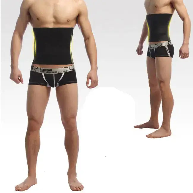 Black seoream branded waist trainer with neon yellow side panels and a silver patterned belt.