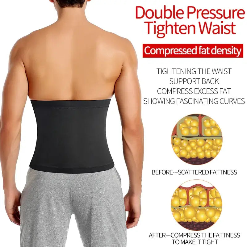 Black elastic waist trainer belt designed to compress excess fat and tighten the waistline