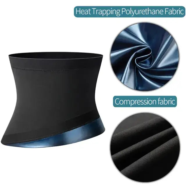 Black heat-trapping polyurethane compression waist trainer with a shiny blue metallic trim.