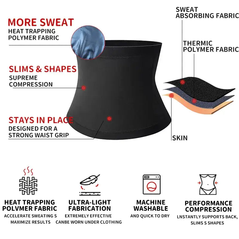 Black waist trainer made of heat-trapping polymer fabric with thermic layers for compression and sweat absorption.
