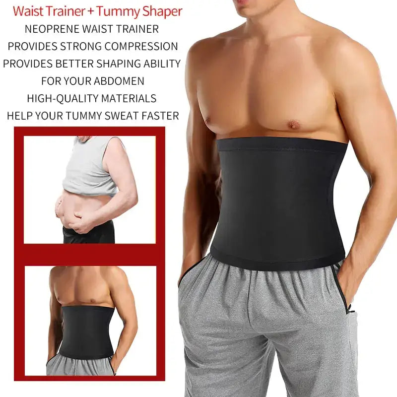 Black neoprene waist trainer with a smooth, form-fitting design for abdominal shaping.