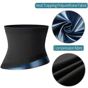 Black heat-trapping polyurethane compression waist trainer with a shiny blue metallic trim.