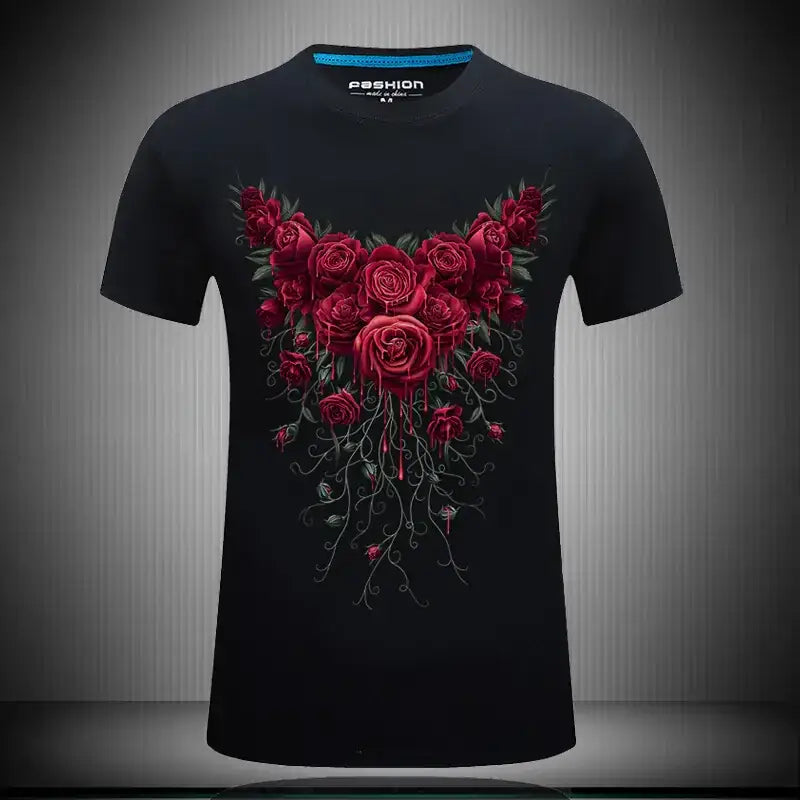 Men's Short Sleeve Cotton T-Shirt with Rose Print