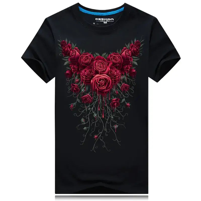 Men's Short Sleeve Cotton T-Shirt with Rose Print