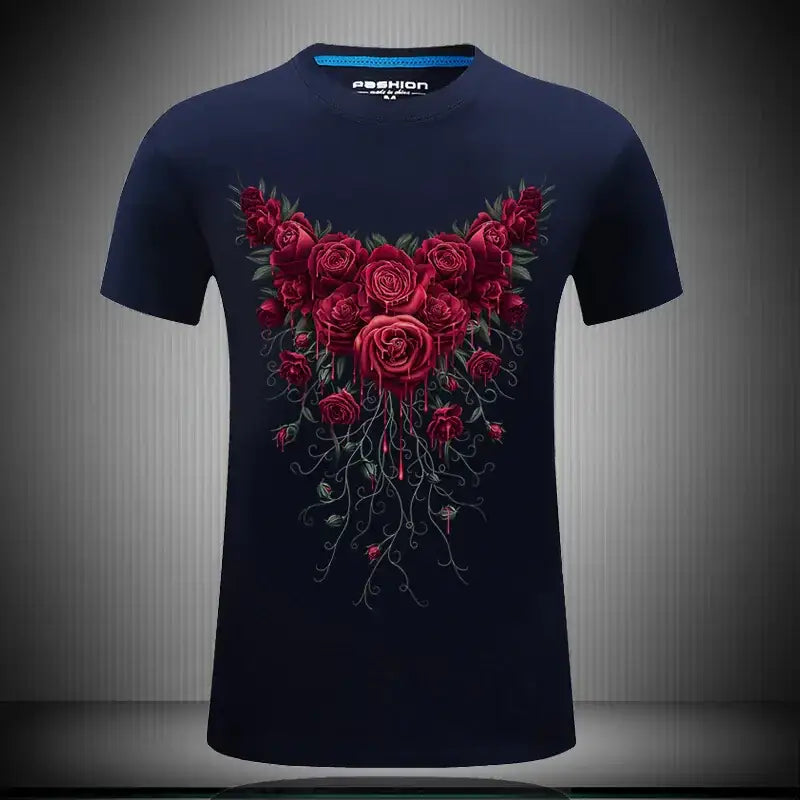 Men's Short Sleeve Cotton T-Shirt with Rose Print