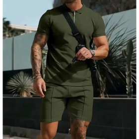 Olive green textured polo shirt with short sleeves and a zipper neckline