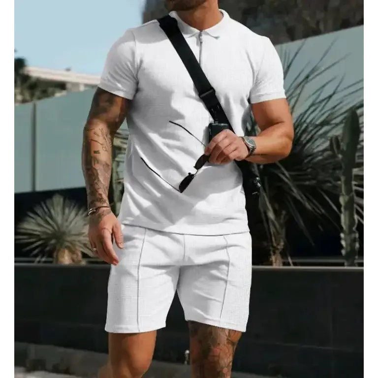 White textured polo shirt with short sleeves and a collar