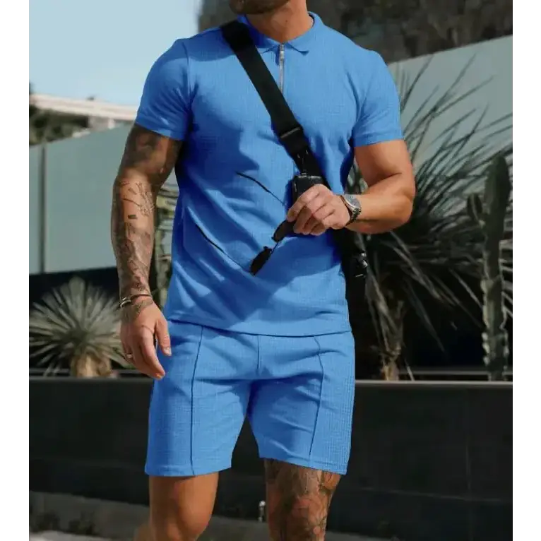 Blue textured polo shirt and matching shorts set