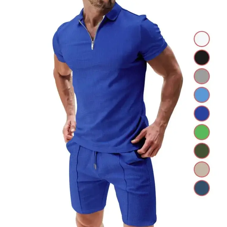 Vibrant royal blue textured short-sleeved polo shirt with a zipper placket.
