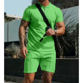 Bright neon green textured polo shirt with matching shorts.