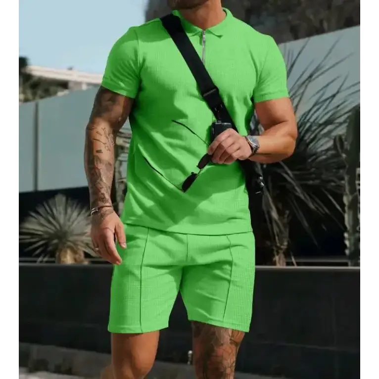 Bright neon green textured polo shirt with matching shorts.