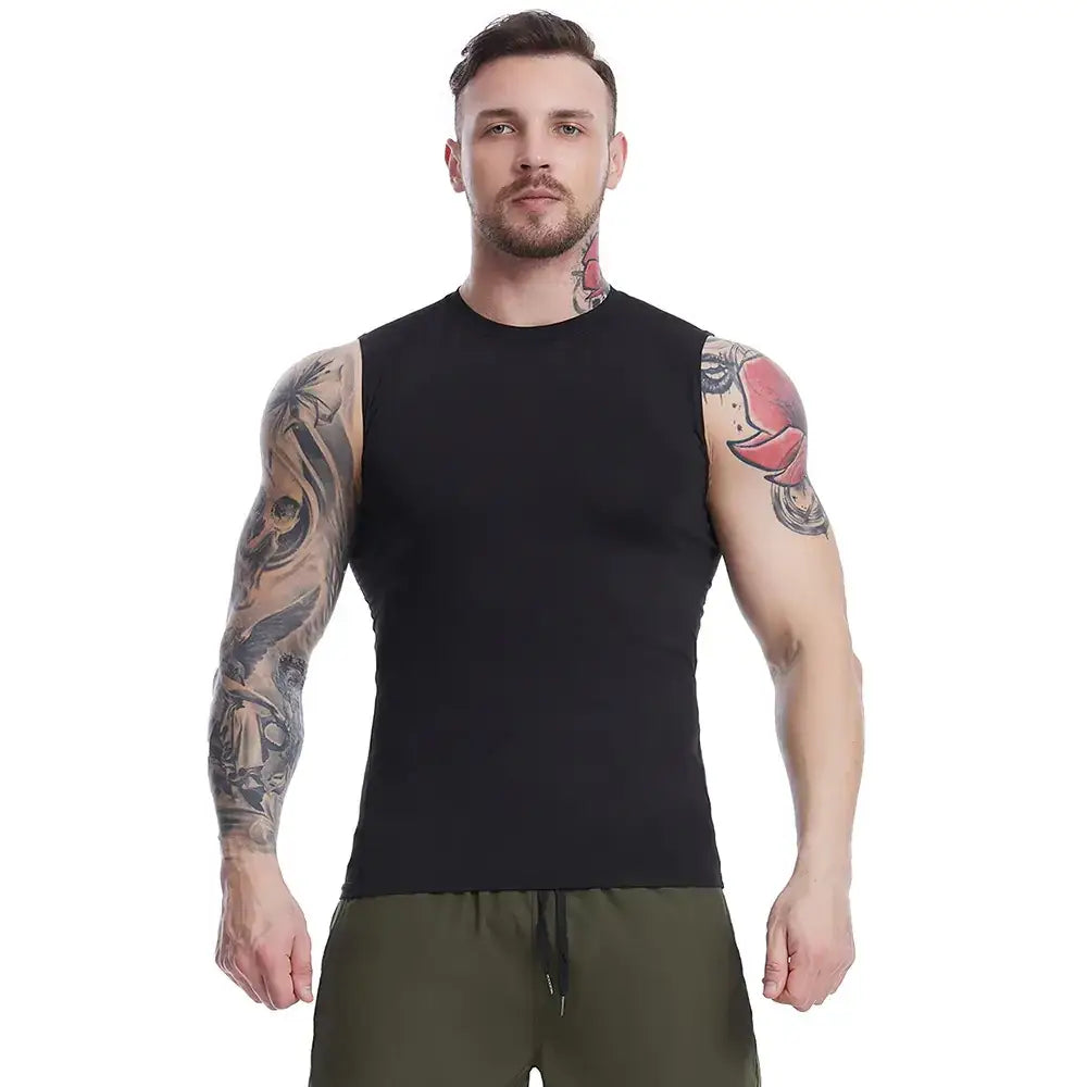 Black sleeveless athletic top with a fitted, crew-neck design.