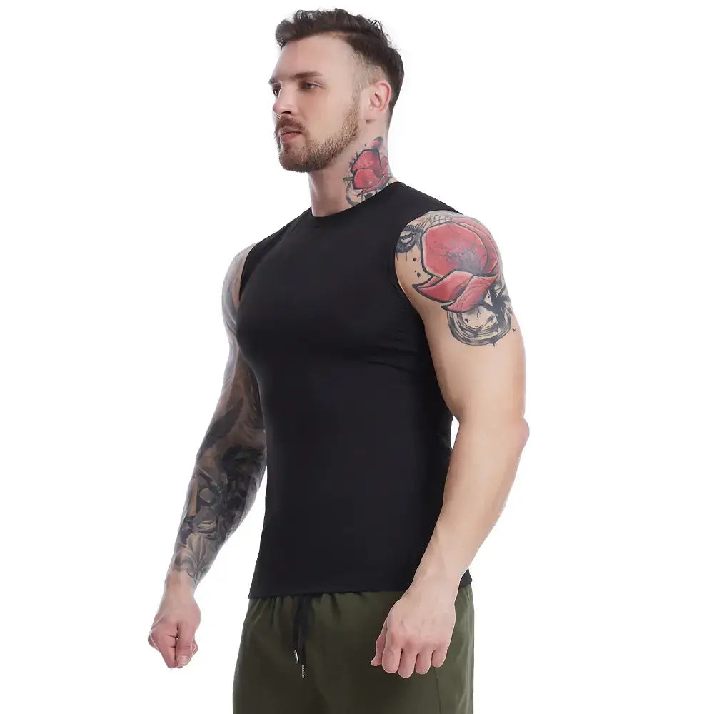 Black sleeveless athletic top with a fitted, form-fitting design.