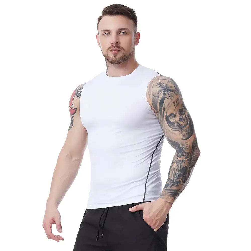 White sleeveless athletic top with black seam detailing.
