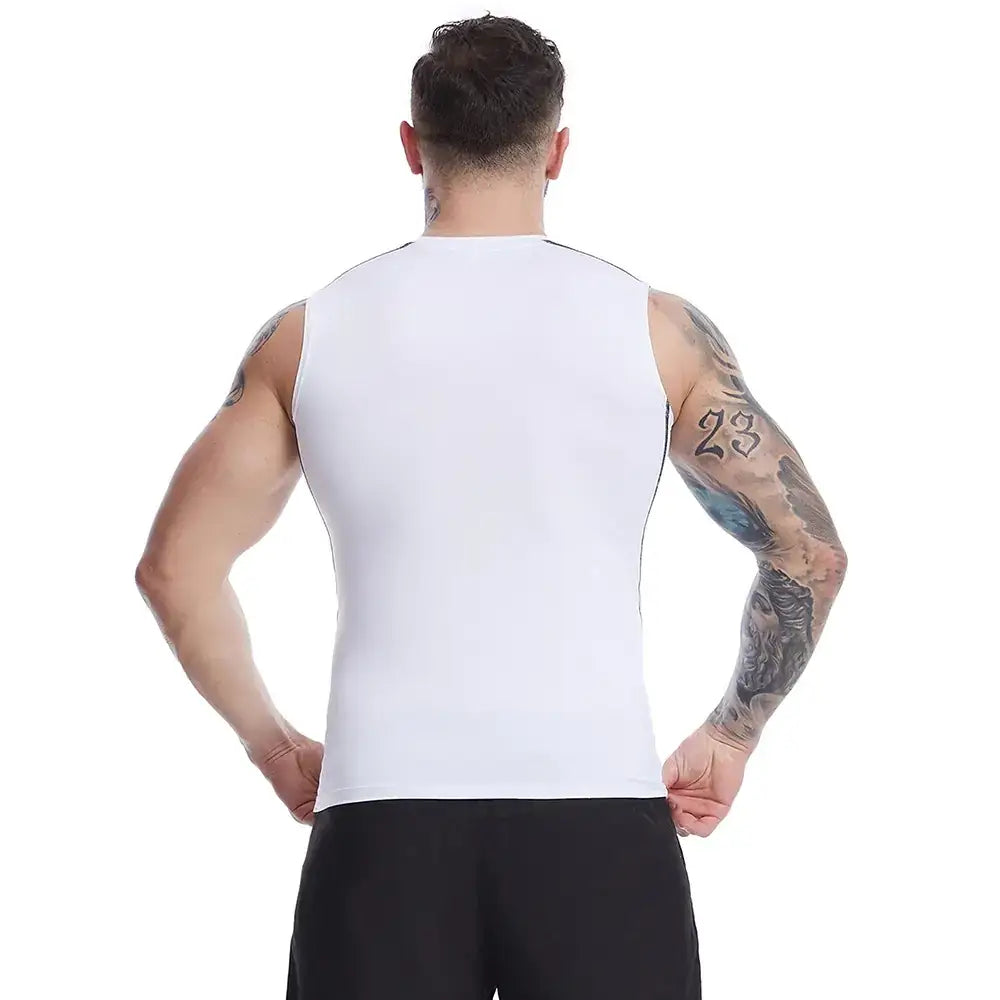 White sleeveless athletic top with black trim along the shoulder seams.