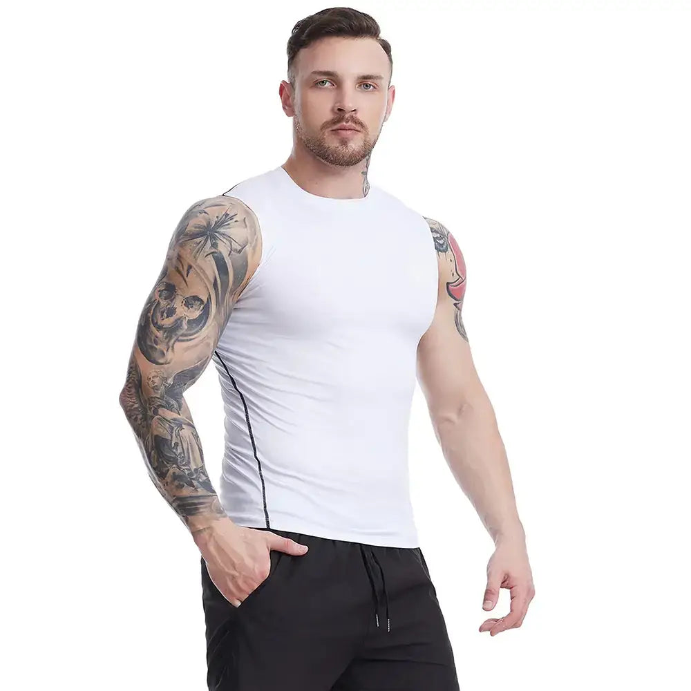 White sleeveless athletic top with black seam detailing.