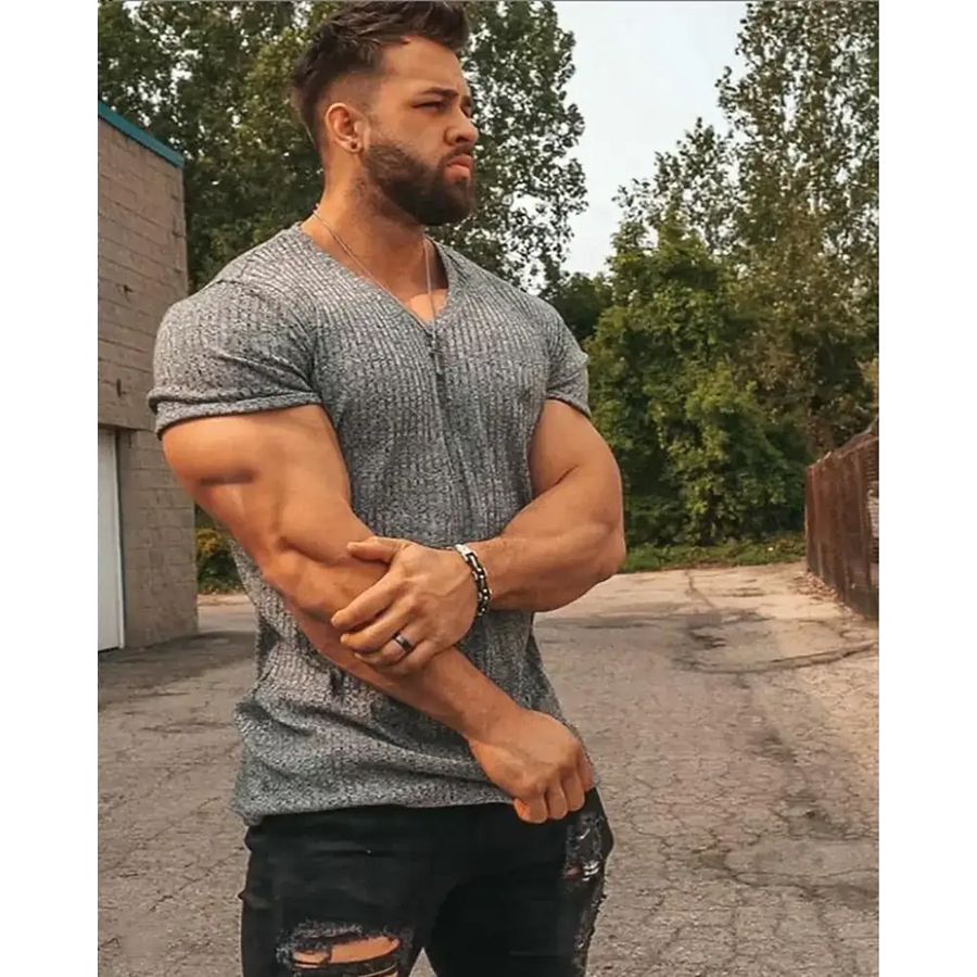 Men's Slim Fit V-Neck Fitness T-Shirt with Sports Straps
