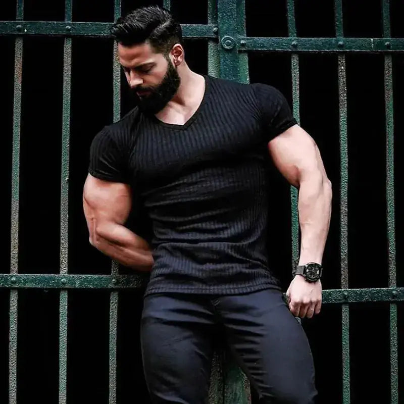 Men's Slim Fit V-Neck Fitness T-Shirt with Sports Straps