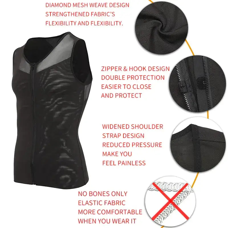 Black diamond mesh weave vest with reinforced fabric, zipper and hook closure, widened shoulder straps for comfort.