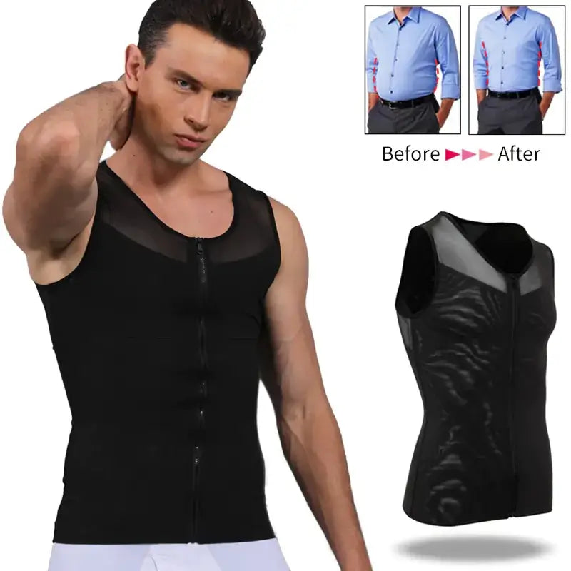 Black mesh and fabric men’s body shaper vest with zipper front